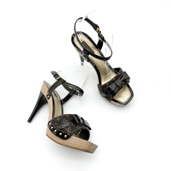 LOUIS VUITTON Idylle Monogram Platform Pumps Size 38 Peep Toe Patent Bow Brown - Picture 15 of 16